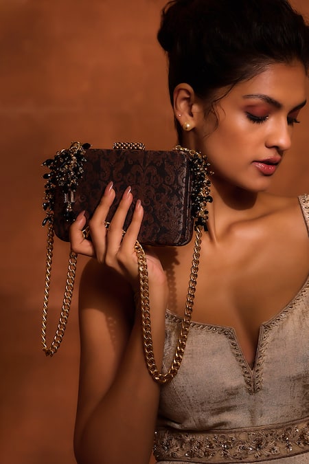 Tarun Tahiliani Brown Black Barffi Fleur Brocade Woven Clutch With Chain Strap Online at Aza Fashions Tarun Tahiliani_Brown Black Barffi Fleur Brocade Woven Clutch With Chain Strap _Online_at_Aza_Fashions