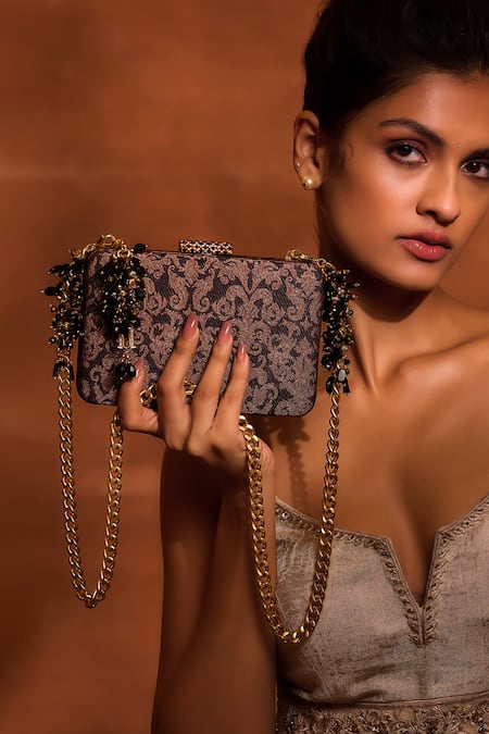 Buy Tarun Tahiliani Brown Black Barffi Fleur Brocade Woven Clutch With Chain Strap Online at Aza Fashions Buy_Tarun Tahiliani_Brown Black Barffi Fleur Brocade Woven Clutch With Chain Strap _Online_at_Aza_Fashions