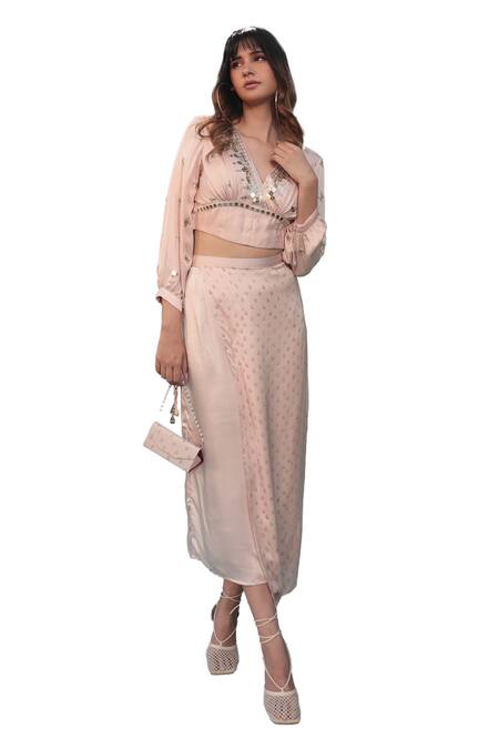 Shop Prahnaaya Pink Satin Sequins, Embroidery V-neck Masbah Embellished Top With Flap Skirt Online at Aza Fashions Shop_Prahnaaya_Pink Satin Sequins, Embroidery V-neck Masbah Embellished Top With Flap Skirt _Online_at_Aza_Fashions