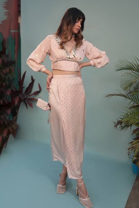Buy Prahnaaya Pink Satin Sequins, Embroidery V-neck Masbah Embellished Top With Flap Skirt Buy_Prahnaaya_Pink Satin Sequins, Embroidery V-neck Masbah Embellished Top With Flap Skirt
