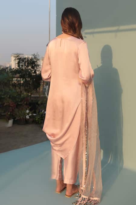 Shop Prahnaaya Pink Satin, Velour, Organza Sequins Saba Embellished Draped Kurta Pant Set at Aza Fashions Shop_Prahnaaya_Pink Satin, Velour, Organza Sequins Saba Embellished Draped Kurta Pant Set _at_Aza_Fashions