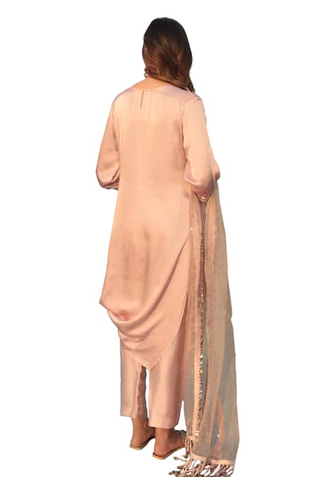 Prahnaaya Pink Satin, Velour, Organza Sequins Saba Embellished Draped Kurta Pant Set Online at Aza Fashions Prahnaaya_Pink Satin, Velour, Organza Sequins Saba Embellished Draped Kurta Pant Set _Online_at_Aza_Fashions