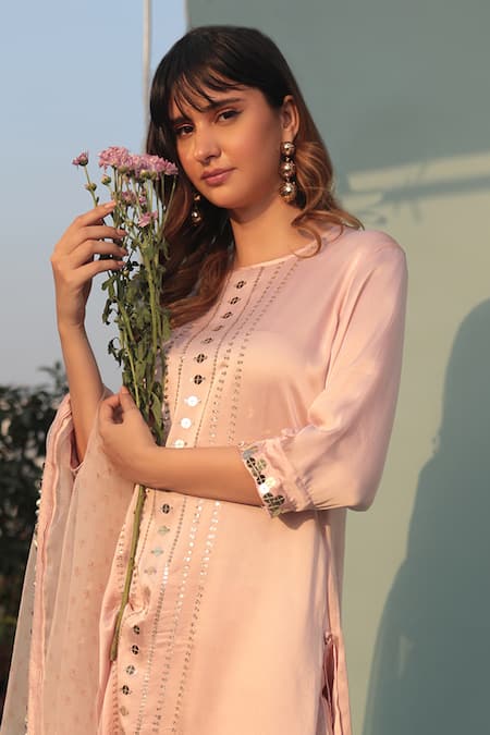 Buy Prahnaaya Pink Satin, Velour, Organza Sequins Saba Embellished Draped Kurta Pant Set Online at Aza Fashions Buy_Prahnaaya_Pink Satin, Velour, Organza Sequins Saba Embellished Draped Kurta Pant Set _Online_at_Aza_Fashions