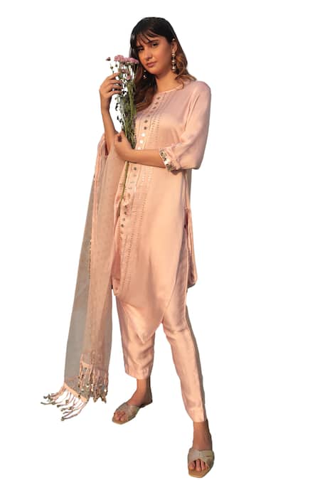 Shop Prahnaaya Pink Satin, Velour, Organza Sequins Saba Embellished Draped Kurta Pant Set Online at Aza Fashions Shop_Prahnaaya_Pink Satin, Velour, Organza Sequins Saba Embellished Draped Kurta Pant Set _Online_at_Aza_Fashions