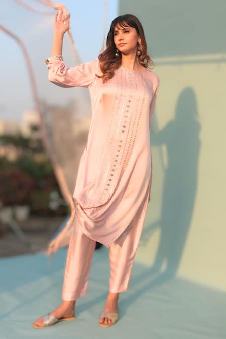 Prahnaaya Pink Satin, Velour, Organza Sequins Saba Embellished Draped Kurta Pant Set at Aza Fashions Prahnaaya_Pink Satin, Velour, Organza Sequins Saba Embellished Draped Kurta Pant Set _at_Aza_Fashions