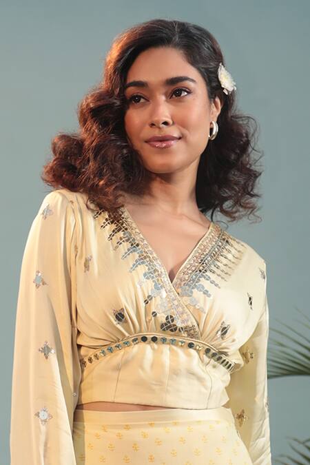 Shop Prahnaaya Yellow Satin Sequins V-neck Masbah Top With Printed Flap Skirt Online at Aza Fashions Shop_Prahnaaya_Yellow Satin Sequins V-neck Masbah Top With Printed Flap Skirt _Online_at_Aza_Fashions