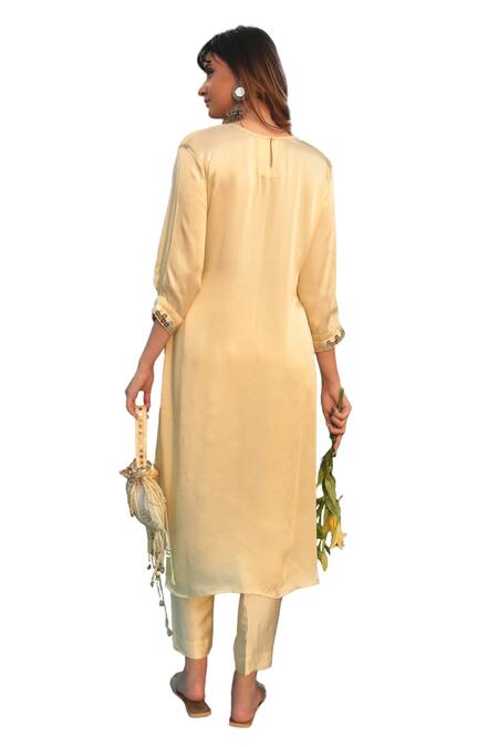 Prahnaaya Yellow Satin Sequins Round Neck Saba Stripe Kurta With Pant Online at Aza Fashions Prahnaaya_Yellow Satin Sequins Round Neck Saba Stripe Kurta With Pant _Online_at_Aza_Fashions