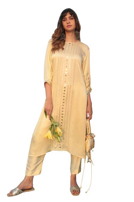 Shop Prahnaaya Yellow Satin Sequins Round Neck Saba Stripe Kurta With Pant Online at Aza Fashions Shop_Prahnaaya_Yellow Satin Sequins Round Neck Saba Stripe Kurta With Pant _Online_at_Aza_Fashions