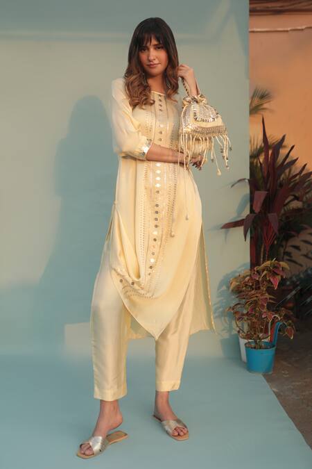 Buy Prahnaaya Yellow Satin Sequins Round Neck Saba Stripe Kurta With Pant Buy_Prahnaaya_Yellow Satin Sequins Round Neck Saba Stripe Kurta With Pant