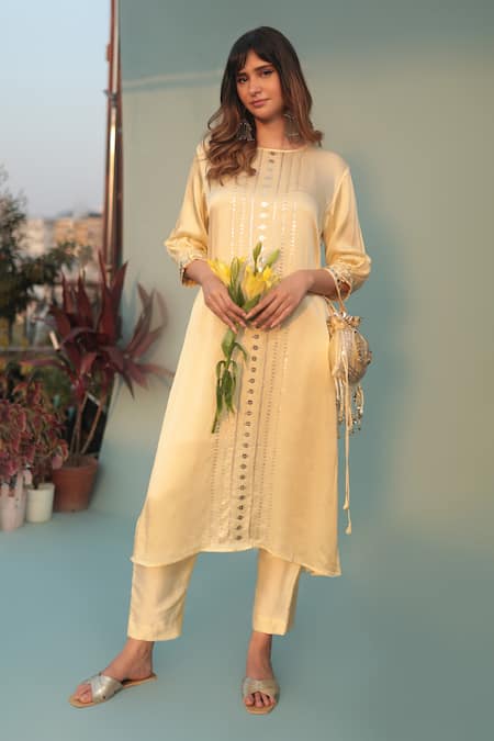 Shop_Prahnaaya_Yellow Satin, Organza Sequins V-neck Saba Stripe Kurta Pant Set _Online_at_Aza_Fashions