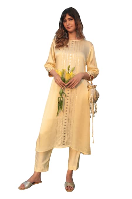 Prahnaaya_Yellow Satin, Organza Sequins V-neck Saba Stripe Kurta Pant Set _at_Aza_Fashions