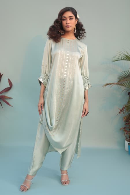 PRAHNAAYA Green Satin Vegan Embellished Sequin Round Saba Kurta With Pant  