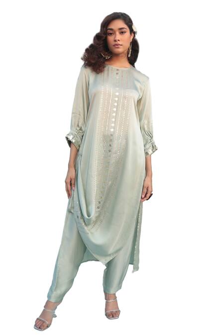 Buy_Prahnaaya_Green Satin Sequins Round Neck Saba Kurta With Pant _Online_at_Aza_Fashions