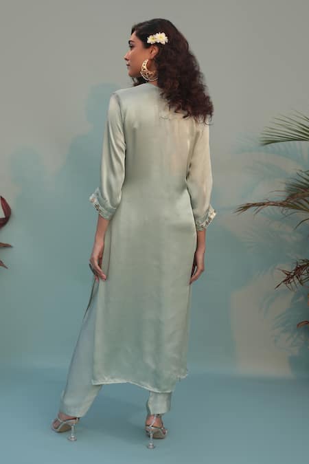 Shop Prahnaaya Green Satin, Organza Sequins, Embroidery V-neck Saba Embellished Kurta Pant Set at Aza Fashions Shop_Prahnaaya_Green Satin, Organza Sequins, Embroidery V-neck Saba Embellished Kurta Pant Set _at_Aza_Fashions