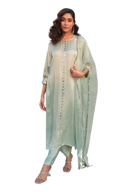 Buy Prahnaaya Green Satin, Organza Sequins, Embroidery V-neck Saba Embellished Kurta Pant Set Online at Aza Fashions Buy_Prahnaaya_Green Satin, Organza Sequins, Embroidery V-neck Saba Embellished Kurta Pant Set _Online_at_Aza_Fashions