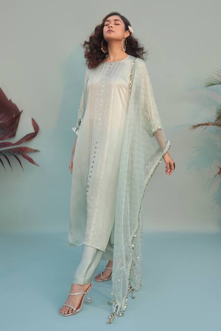 Prahnaaya Green Satin, Organza Sequins, Embroidery V-neck Saba Embellished Kurta Pant Set at Aza Fashions Prahnaaya_Green Satin, Organza Sequins, Embroidery V-neck Saba Embellished Kurta Pant Set _at_Aza_Fashions