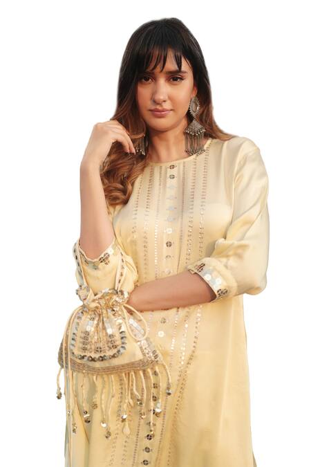 Prahnaaya Yellow Sequins, Tassels Sakura Potli Online at Aza Fashions Prahnaaya_Yellow Sequins, Tassels Sakura Potli _Online_at_Aza_Fashions