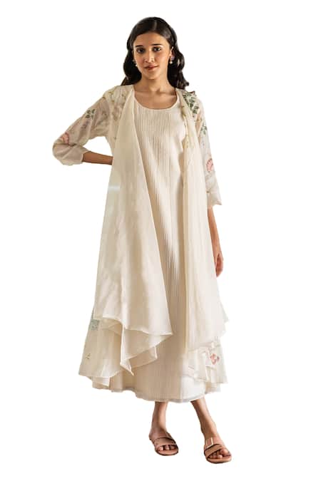 Vaayu_Off White Muslin, Cotton Embroidery Round Neck Thread Jacket Dress _Online_at_Aza_Fashions