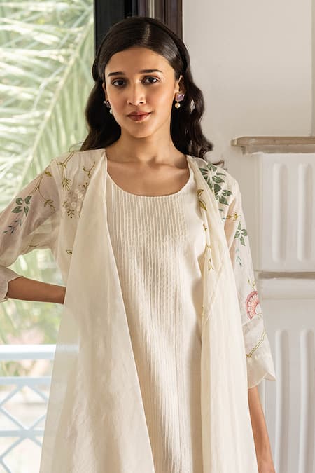 Buy_Vaayu_Off White Muslin, Cotton Embroidery Round Neck Thread Jacket Dress _Online_at_Aza_Fashions