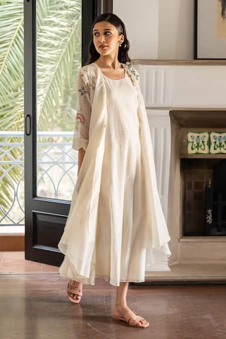 Shop_Vaayu_Off White Muslin, Cotton Embroidery Round Neck Thread Jacket Dress _Online_at_Aza_Fashions