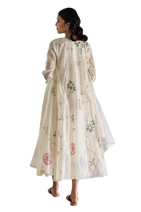 Vaayu_Off White Muslin, Cotton Embroidery Round Neck Thread Jacket Dress _at_Aza_Fashions
