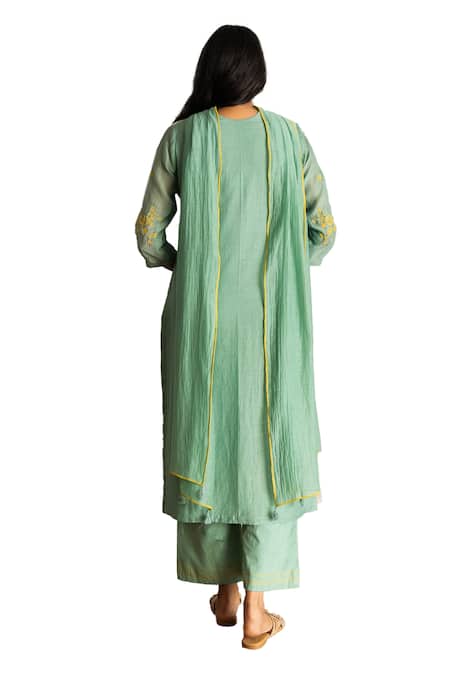 Vaayu_Green Muslin, Cotton Embroidery, Applique Round Neck Floral Work Kurta Pant Set _at_Aza_Fashions