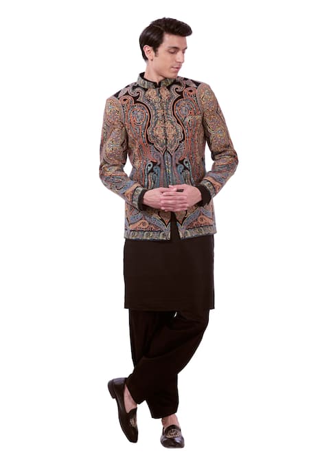 Taroob_Black Silk, Wool Embroidery Vintage Kashmiri Sozni Bandhgala Set _at_Aza_Fashions