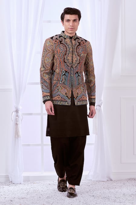 Buy_Taroob_Black Silk, Wool Embroidery Vintage Kashmiri Sozni Bandhgala Set 