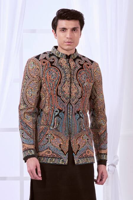 Shop_Taroob_Black Silk, Wool Embroidery Vintage Kashmiri Sozni Bandhgala Set 