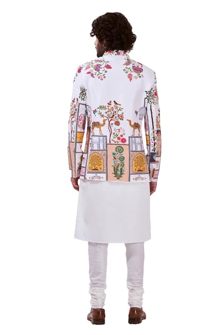 Taroob White Silk Embroidery Moroccan Kalamkari Bandhgala Set Online at Aza Fashions Taroob_White Silk Embroidery Moroccan Kalamkari Bandhgala Set_Online_at_Aza_Fashions