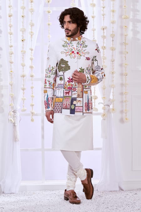 Buy Taroob White Silk Embroidery Moroccan Kalamkari Bandhgala Set Online at Aza Fashions Buy_Taroob_White Silk Embroidery Moroccan Kalamkari Bandhgala Set_Online_at_Aza_Fashions