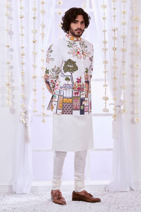 Shop Taroob White Silk Embroidery Moroccan Kalamkari Bandhgala Set Online at Aza Fashions Shop_Taroob_White Silk Embroidery Moroccan Kalamkari Bandhgala Set_Online_at_Aza_Fashions