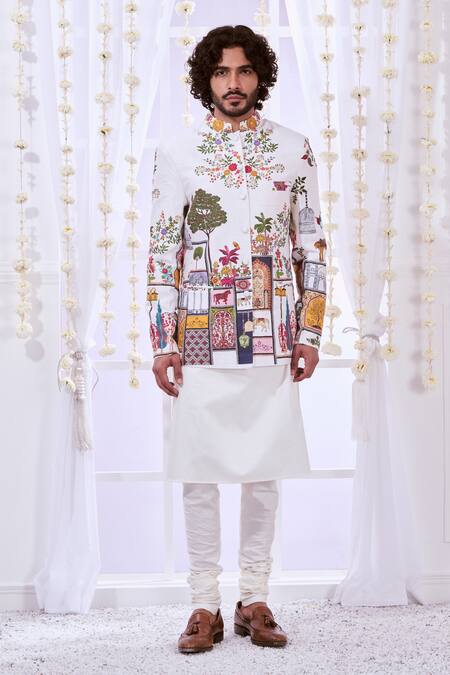 Taroob White Silk Embroidery Moroccan Kalamkari Bandhgala Set at Aza Fashions Taroob_White Silk Embroidery Moroccan Kalamkari Bandhgala Set_at_Aza_Fashions