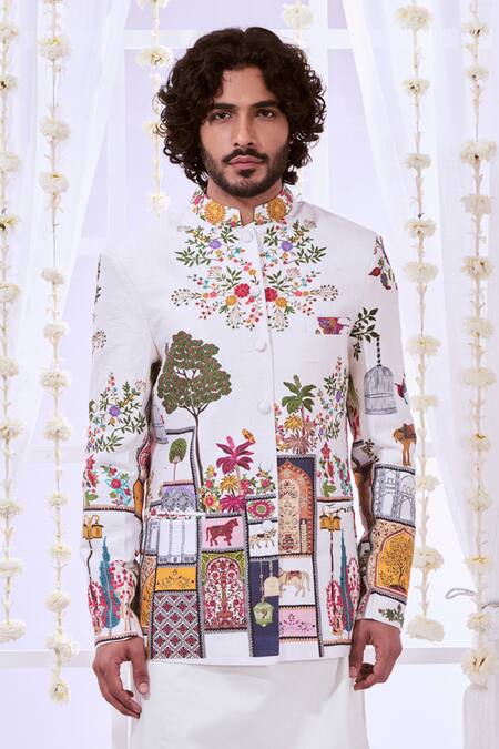 Shop Taroob White Silk Embroidery Moroccan Kalamkari Bandhgala Set Shop_Taroob_White Silk Embroidery Moroccan Kalamkari Bandhgala Set
