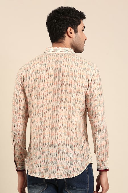 Shop Mayank Modi - Men Beige Muslin Linear Arrow Print Shirt at Aza Fashions Shop_Mayank Modi - Men_Beige Muslin Linear Arrow Print Shirt _at_Aza_Fashions