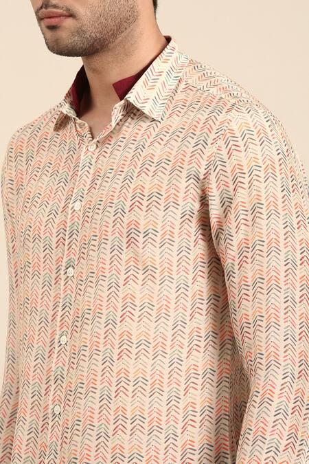 Buy Mayank Modi - Men Beige Muslin Linear Arrow Print Shirt Online at Aza Fashions Buy_Mayank Modi - Men_Beige Muslin Linear Arrow Print Shirt _Online_at_Aza_Fashions