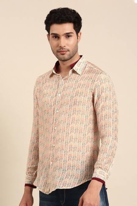 Shop Mayank Modi - Men Beige Muslin Linear Arrow Print Shirt Online at Aza Fashions Shop_Mayank Modi - Men_Beige Muslin Linear Arrow Print Shirt _Online_at_Aza_Fashions