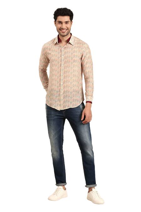 Buy Mayank Modi - Men Beige Muslin Linear Arrow Print Shirt Buy_Mayank Modi - Men_Beige Muslin Linear Arrow Print Shirt