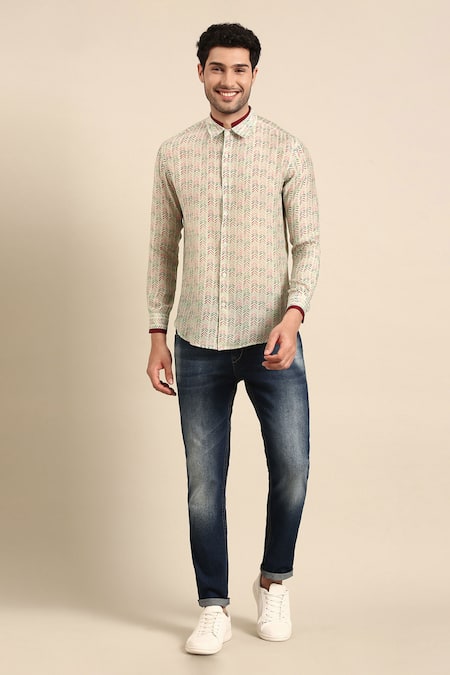 Mayank Modi - Men Blue Muslin Printed Linear Arrow Layered Collar Shirt 