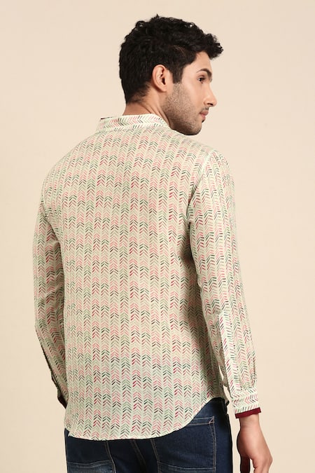 Shop Mayank Modi - Men Blue Muslin Linear Arrow Print Layered Collar Shirt at Aza Fashions Shop_Mayank Modi - Men_Blue Muslin Linear Arrow Print Layered Collar Shirt _at_Aza_Fashions