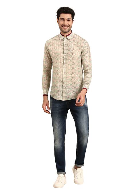 Buy Mayank Modi - Men Blue Muslin Linear Arrow Print Layered Collar Shirt Buy_Mayank Modi - Men_Blue Muslin Linear Arrow Print Layered Collar Shirt