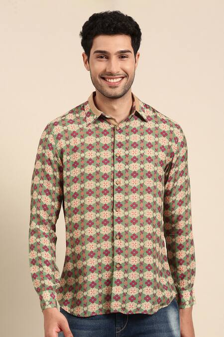 Mayank Modi - Men_Green Muslin Geometric Floral Print Shirt _Online_at_Aza_Fashions