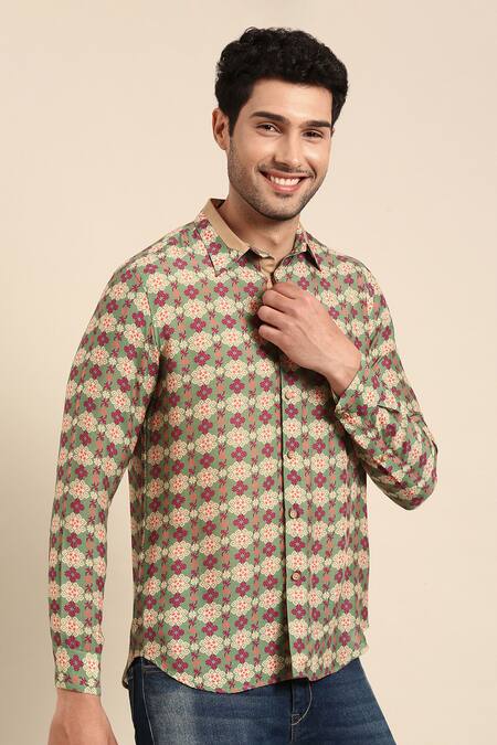 Mayank Modi - Men_Green Muslin Geometric Floral Print Shirt _at_Aza_Fashions