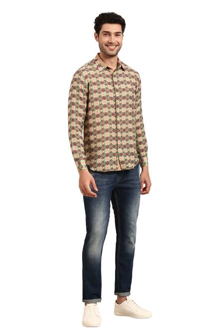 Buy_Mayank Modi - Men_Green Muslin Geometric Floral Print Shirt 