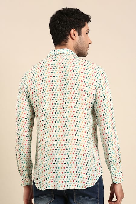 Shop Mayank Modi - Men Blue Muslin Diya Print Front Placket Shirt at Aza Fashions Shop_Mayank Modi - Men_Blue Muslin Diya Print Front Placket Shirt _at_Aza_Fashions