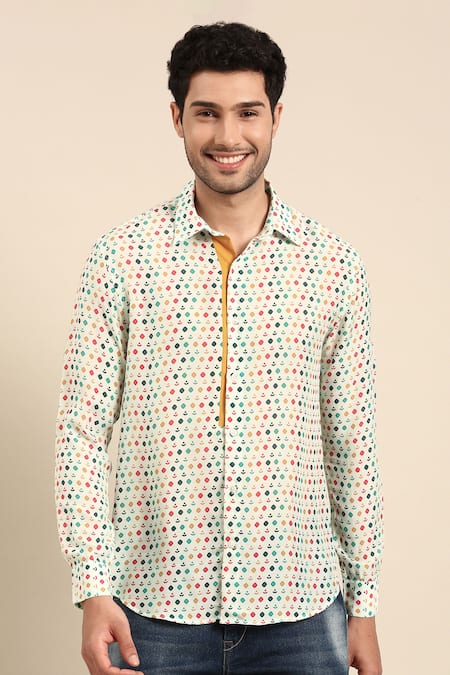 Mayank Modi - Men Blue Muslin Diya Print Front Placket Shirt Online at Aza Fashions Mayank Modi - Men_Blue Muslin Diya Print Front Placket Shirt _Online_at_Aza_Fashions