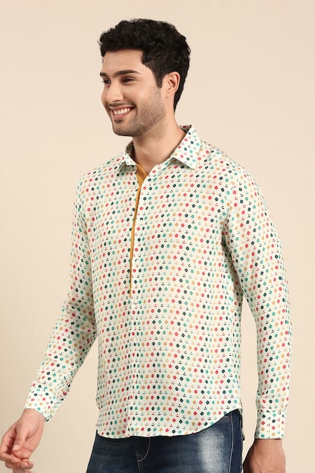 Shop Mayank Modi - Men Blue Muslin Diya Print Front Placket Shirt Online at Aza Fashions Shop_Mayank Modi - Men_Blue Muslin Diya Print Front Placket Shirt _Online_at_Aza_Fashions