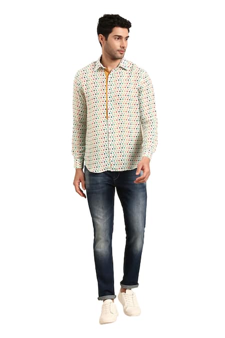 Buy Mayank Modi - Men Blue Muslin Diya Print Front Placket Shirt Buy_Mayank Modi - Men_Blue Muslin Diya Print Front Placket Shirt