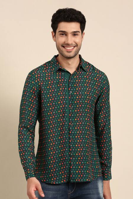 Mayank Modi - Men_Green Muslin Diya Print Collared Shirt _Online_at_Aza_Fashions