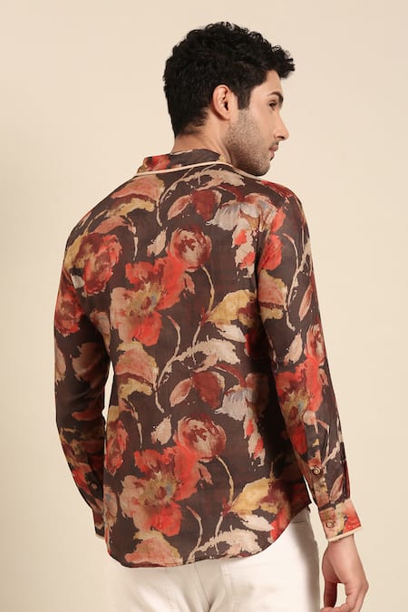 Shop Mayank Modi - Men Red Muslin Floral Abstract Print Cuff Sleeve Shirt at Aza Fashions Shop_Mayank Modi - Men_Red Muslin Floral Abstract Print Cuff Sleeve Shirt_at_Aza_Fashions